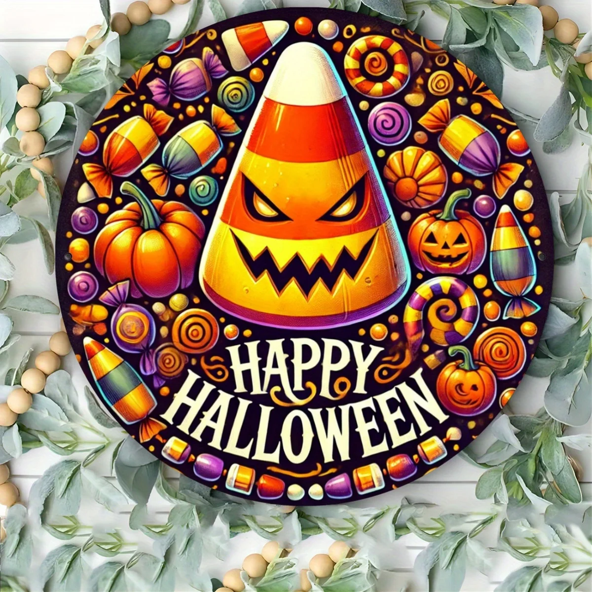 2D Flat - [2D Flat] 1pc 2D Flat Printed 20X20Cm Metal Iron Sign Halloween Candy Corn Wreath Sign 8X8 Inches - Iron Art Wall Deco