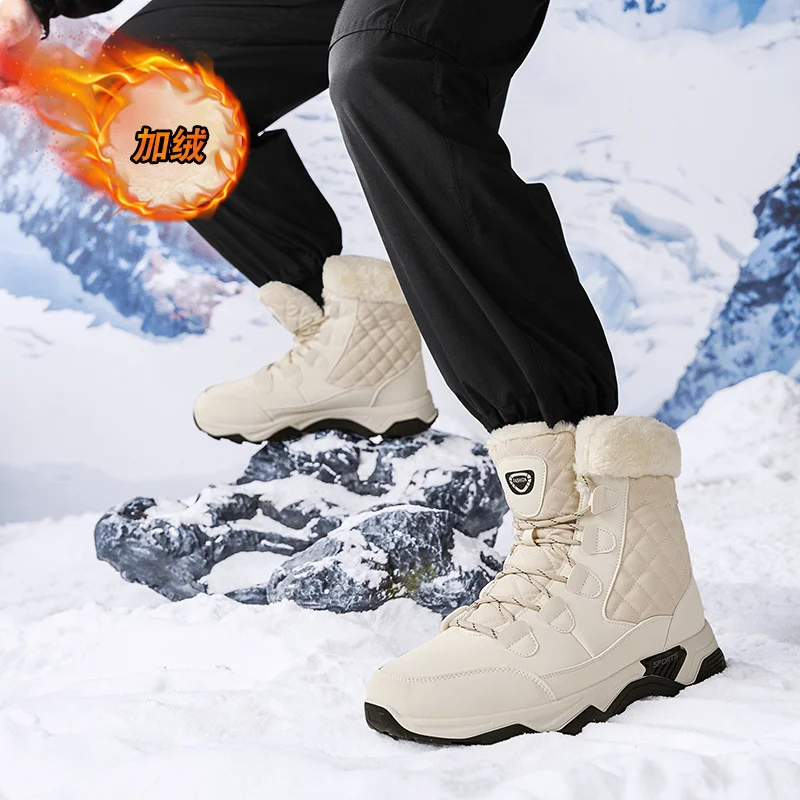 

New Couples Warm Shoes High Top Fleece Lined Snow Boot Windproof Breathable Upper Non-slip Wear-resistant Thick Sole Hiking Shoe