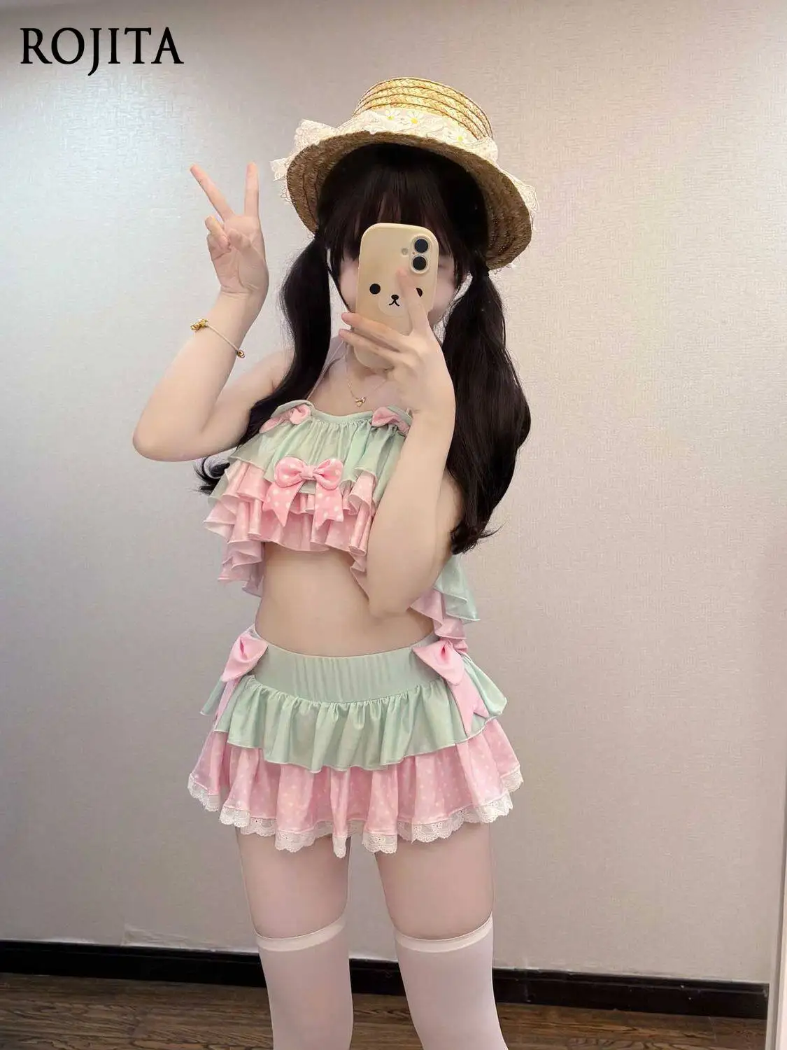 Mint Pink Two Tone Polka Dot Bow Bikini Set Multi Layer Ruffle Tiered Cake Split Swimsuit Kawaii Sweet Lolita Women Bathing Suit