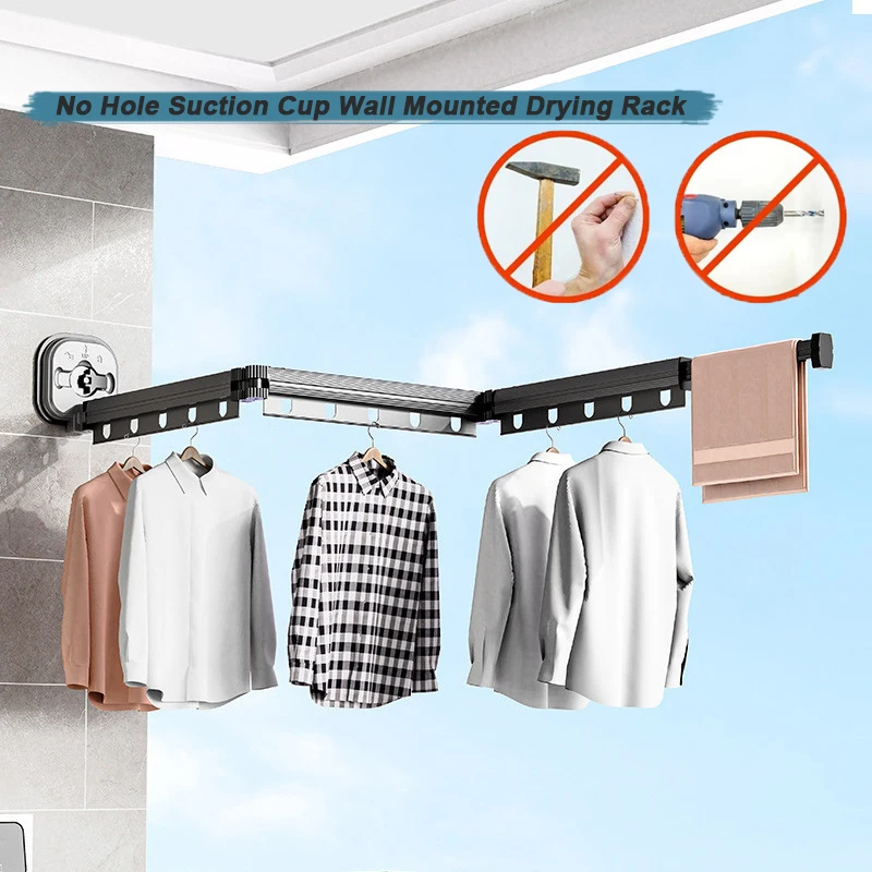 Retractable Cloth Drying Rack Suction Wall Mount Folding Clothes Drying Rack No Punching Drying Rack Wall Mount Drying Hanger