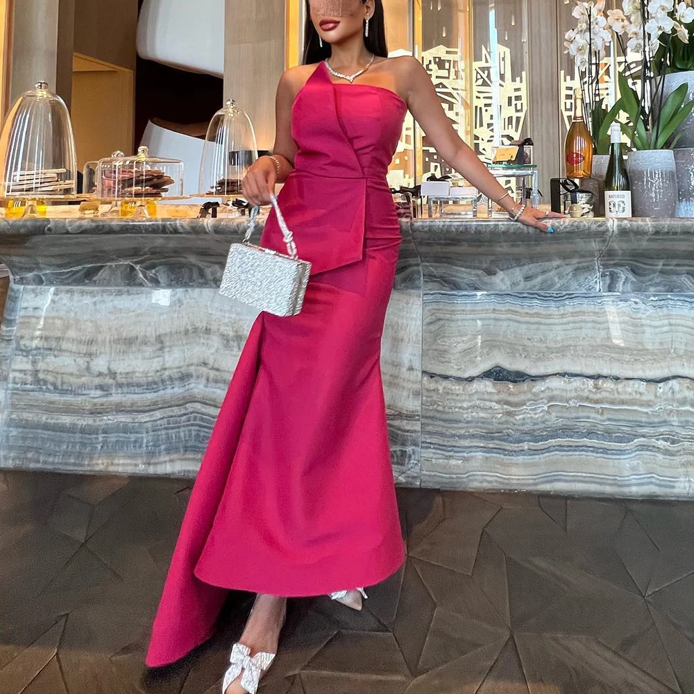 

Customized Graceful Satin Evening Dresses Temperament Straight Floor Length Strapless Sleeveless Custom Made Vestidos De Fiesta