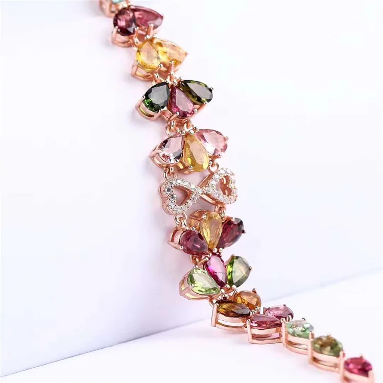 Delicate 925 Silver Bracelet For Women 4x6mm Natural Tourmaline Multicolor Gemstone Jewelry