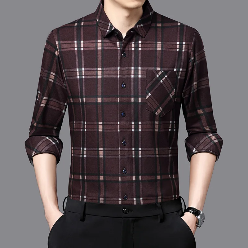

Autumn Winter Thiened Woolen Long Sve irt for Middle-aged And Young Men Casual Sle id Pattern Warm No-Trace irt