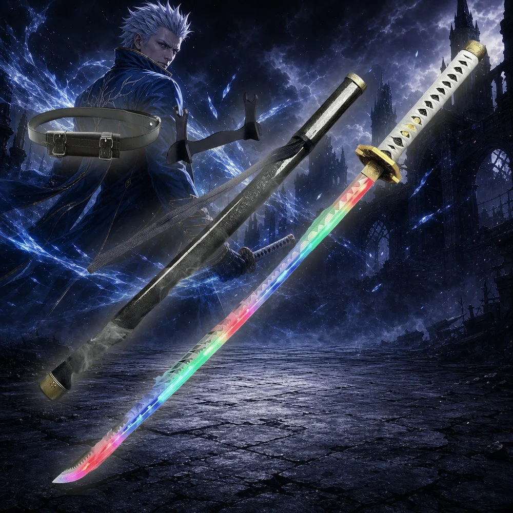 40inch 101cm Katana Sword Devil May Cry Vergil Yamato LED Light Up Mist Spray Glow PU Plastic Blade Anime Cosplay Costume Prop Luminous RGB Sword Samurai Ninja Katana Belt Holster Manga Game Glow Mist Katana Toy Gift Collection Set