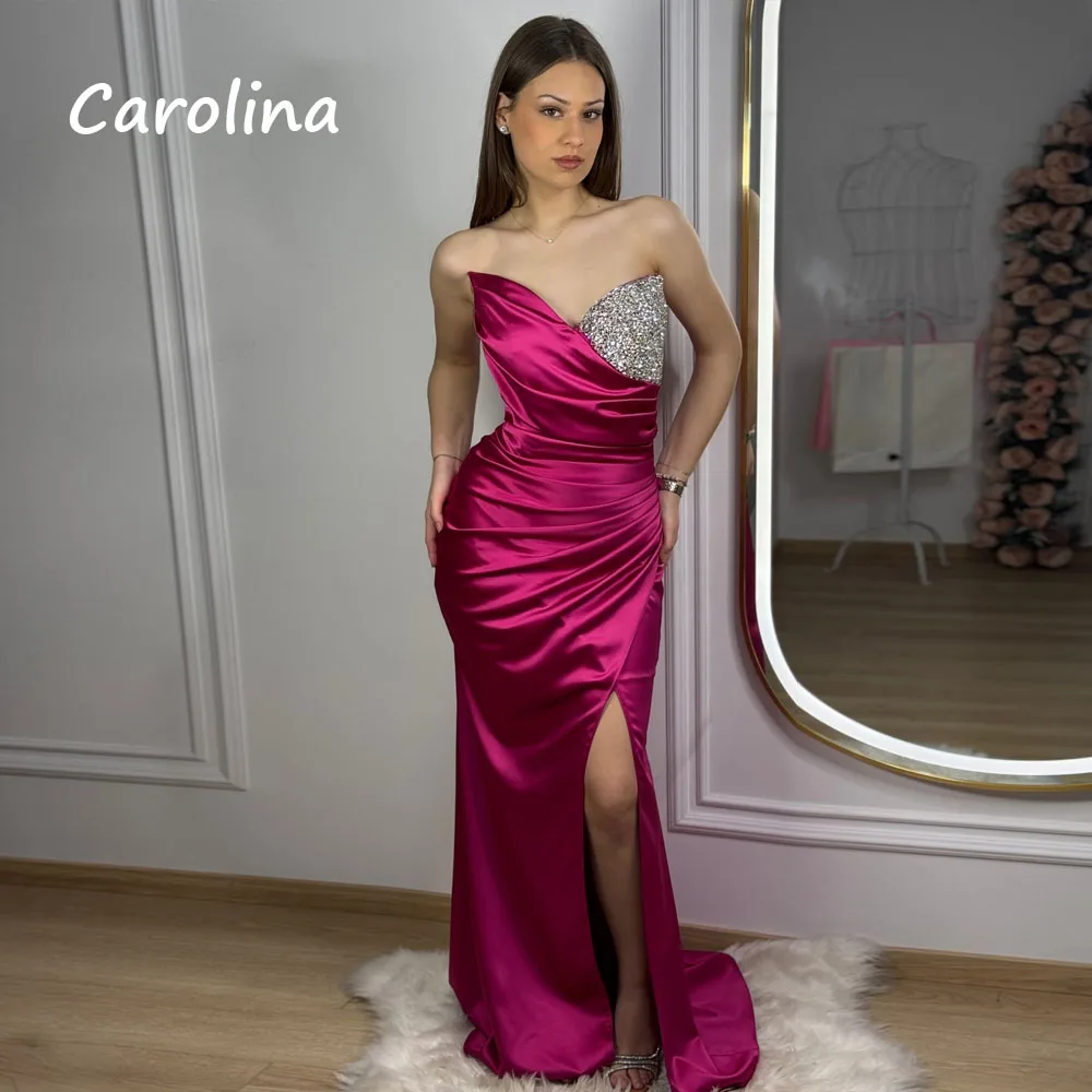 

Каролина, атласные вечерние платья цвета фуксии по индивидуальному заказу, 2022, расшитое бисером и v-образным вырезом, с разрезом, платье женское вечернее