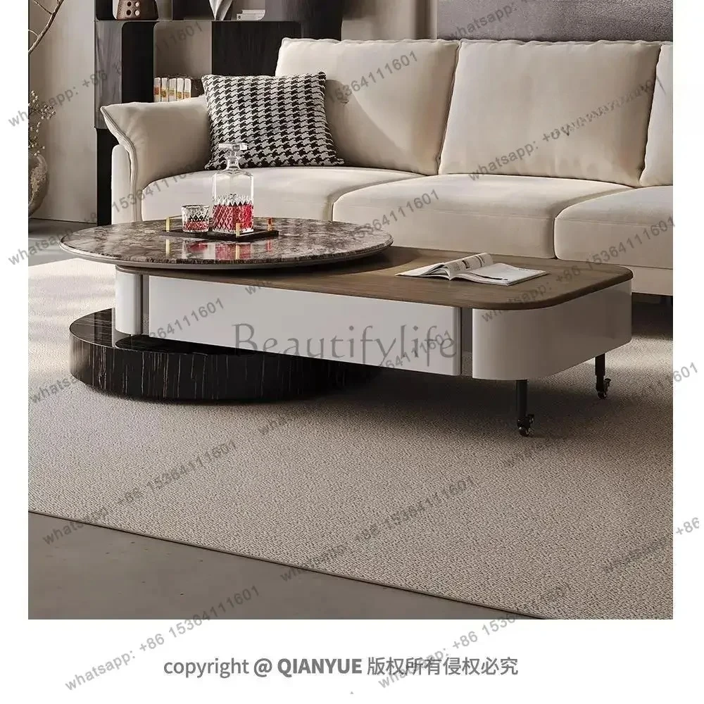 Designer walnut color new Chinese style antique style rectangular coffee table with drawers can be rotated