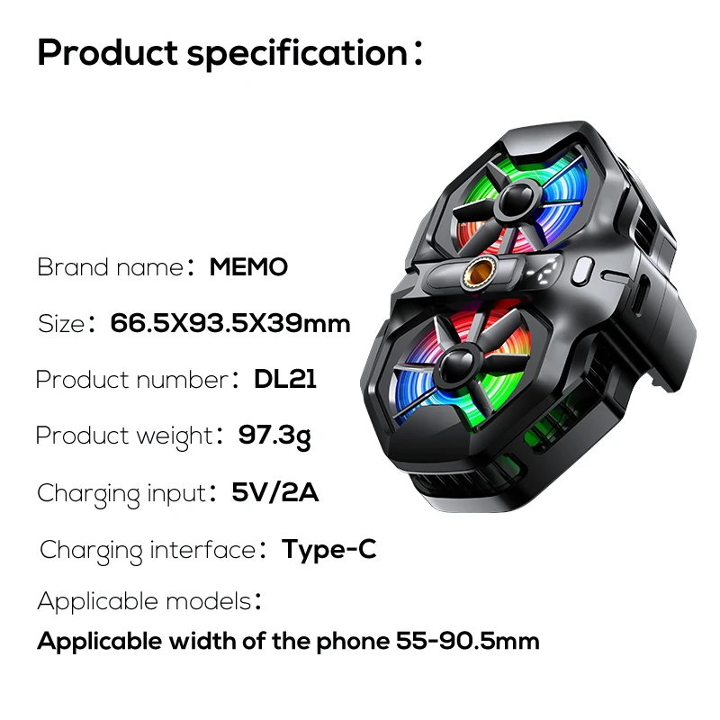 MEMO DL21 Mobile Semiconductor Back-clip Dual Fan Cooling Radiator for Live Streaming PUBG Game Cooler Support 50-90.5mm Phones