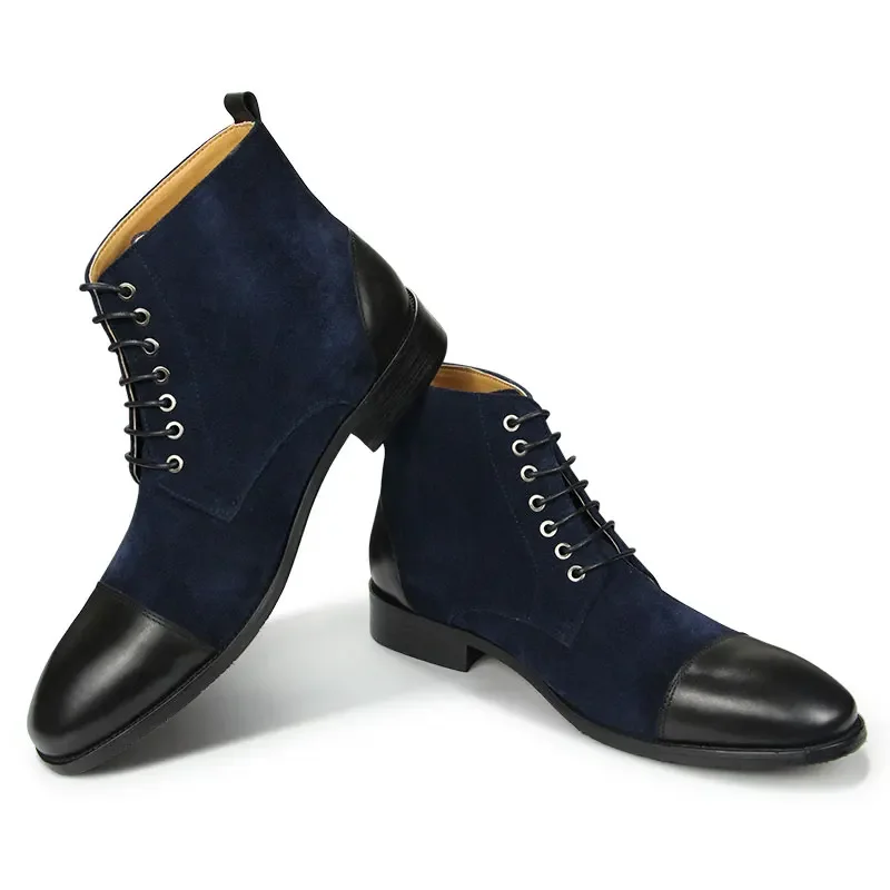 Shoes High quality navy blue Work Pointed footwear service Formal Suede genuine splicing leather men‘s boots half