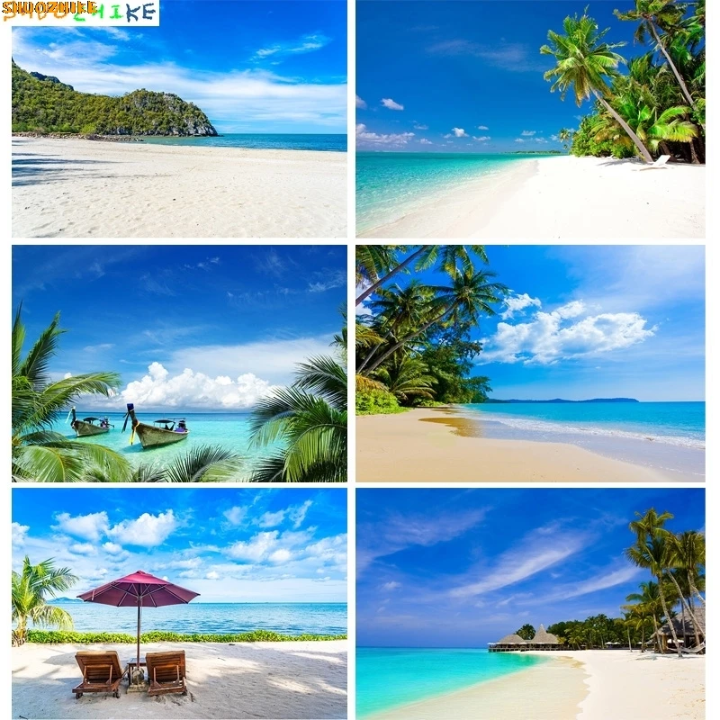 

Tropical Beach Natural Landscape Photography Backdrops Landscape Blue Sky Sea Palm trees Summer Vacation Photo Background ST-02