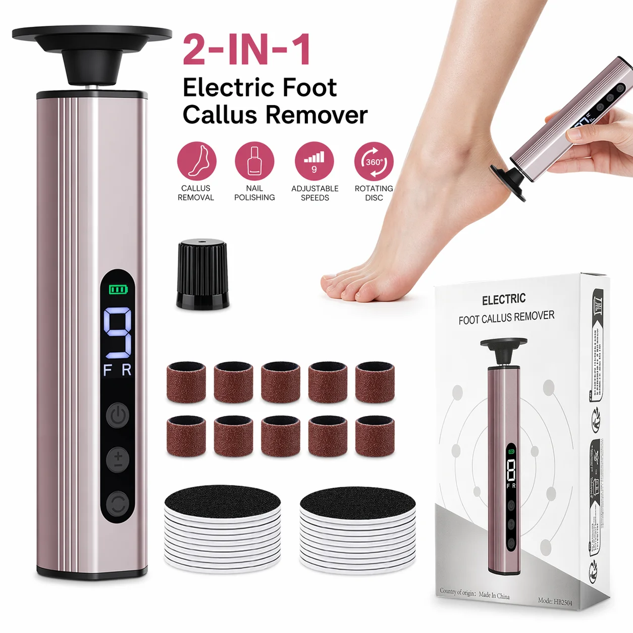Electric Foot File Callus Remover with 9 Speeds, Dual Direction Rechargeable Foot Grinder with LED Display for Dead Skin Heel