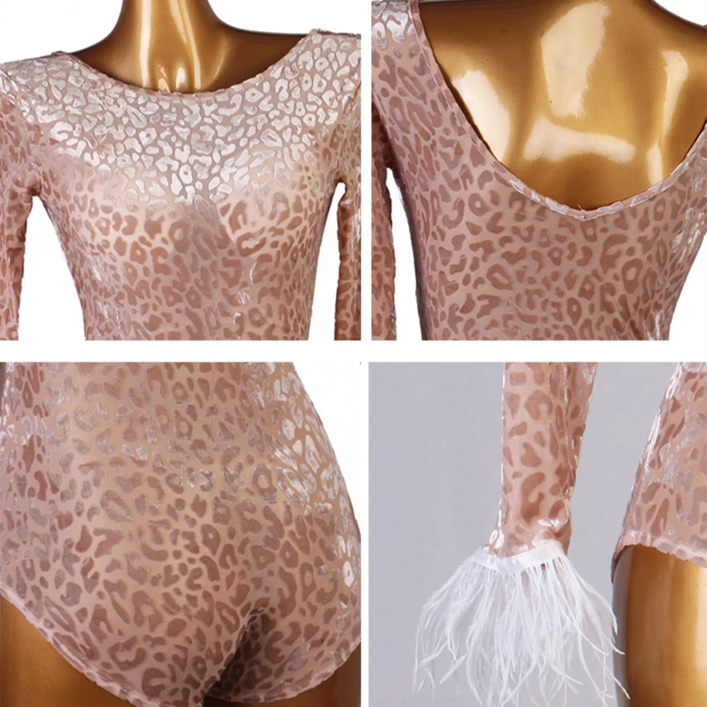 Samba Velvet Dames Nieuw Dansjack met lange mouwen Luipaard Struisvogelbont Schoolfeest Latin Oefenprestaties Ronde hals