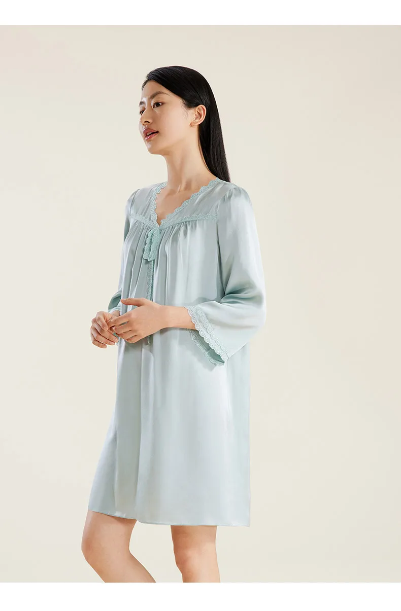 Winsleter,Women's Solid Long Sleeve,French Lace V-Neck Elegant Home Wear,100%Mulberry Silk Pajama Dress,2024 Spring P41895QC