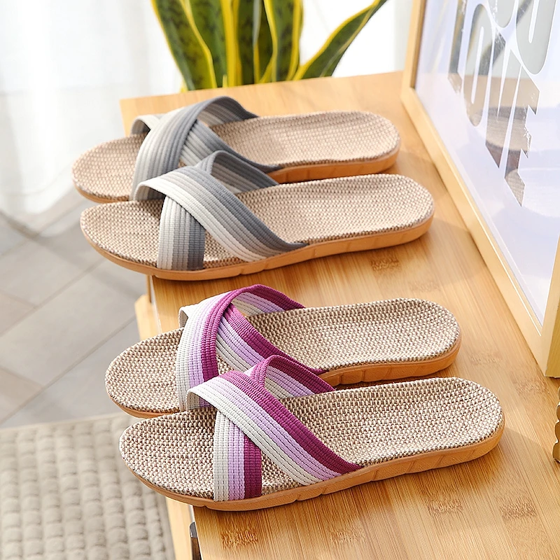 Spring and summer home couple sweat absorbing cross striped linen slippers for women  non slip soft bottom indoor casual sandals