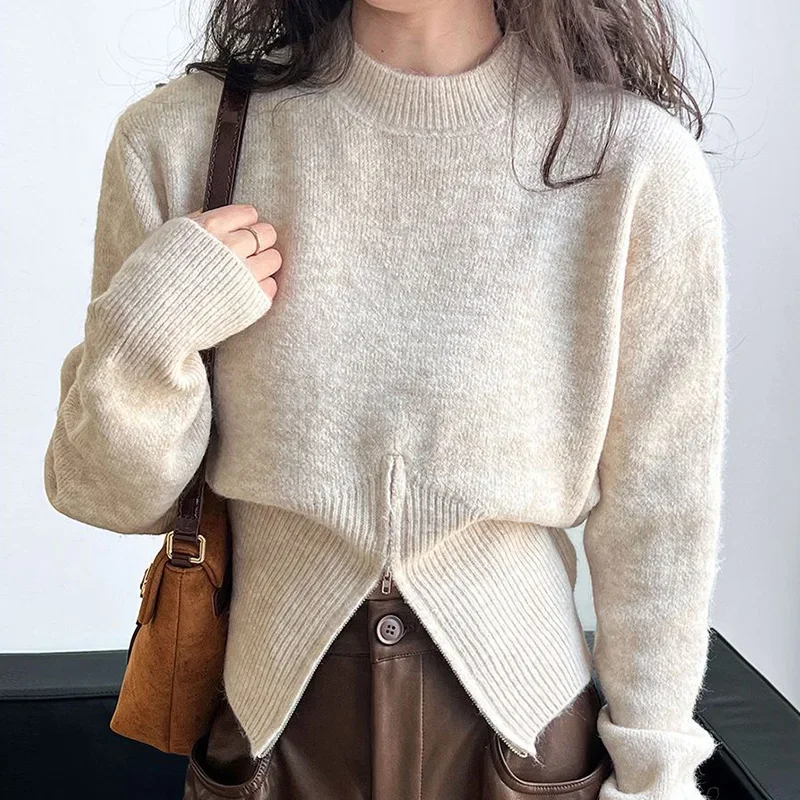 Autumn New Retro Elegant Solid Color Sweater Knitted Sweater Fashion Casual Versatile Original Design Comfortable Women's Top