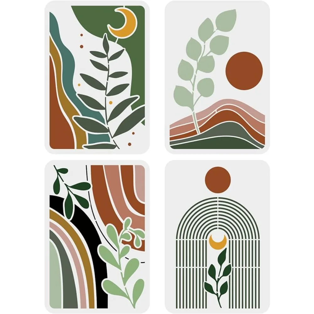 

4PCS Boho Sunrise Stencil 11.7x8.3 inch Tropical Plant Leaves Stencil Sun Moon Reusable Stencils Large Valley Scene Stencils