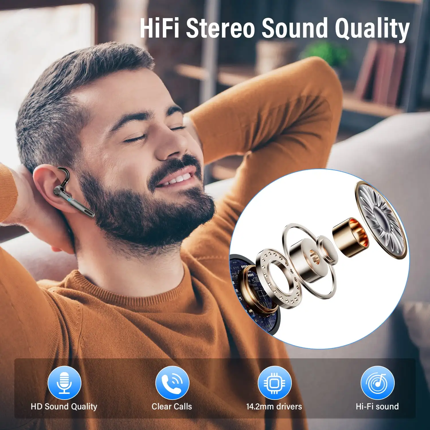 سماعة بلوتوث أذن واحدة مع ميكروفون ENC مع صوت ستيريو HiFi لمدة 72 ساعة وقت التحدث سماعة رأس لاسلكية #6