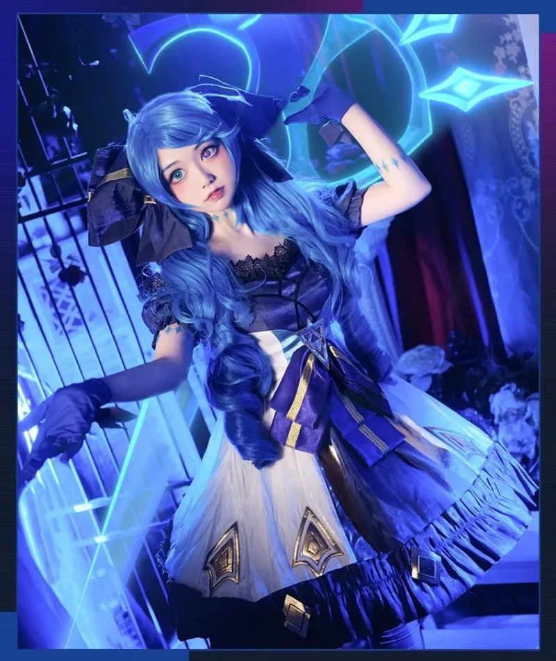 Jogo Gwen Anime Cosplay Traje para Mulheres LoL Santificado Peruca de Costureira, Mulher Sexy Batalha Uniforme Lolita, Halloween Loli Daily Cos Dress