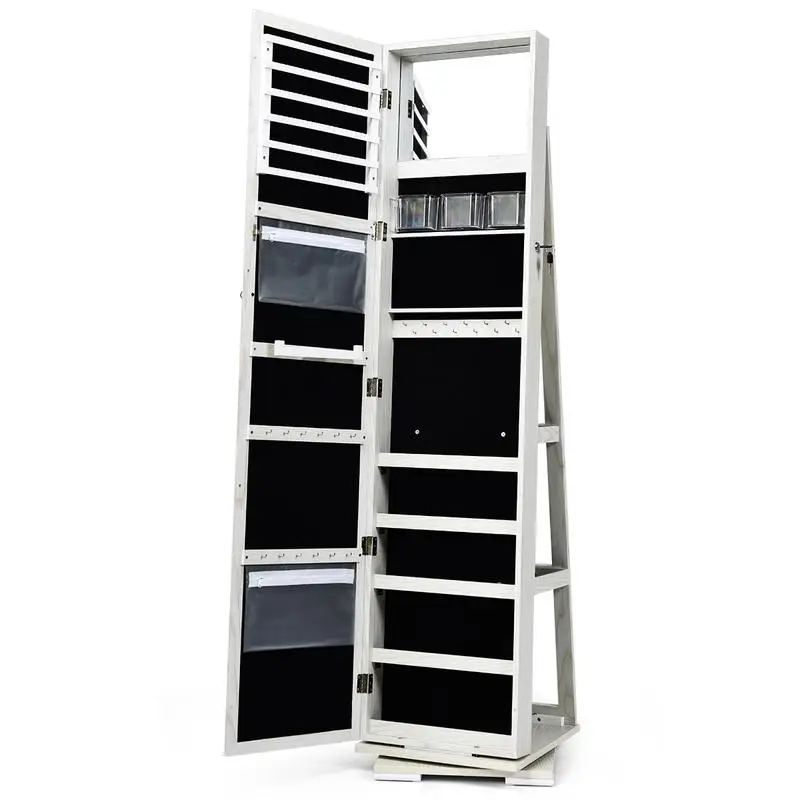Lockable Jewelry Armoire with Full Length Mirror, Freestanding LED Lighted Glass Door Jewelry Cabinet, Multi-Compartment Velvet Lined Storage for Home Bedroom and Boutique Display