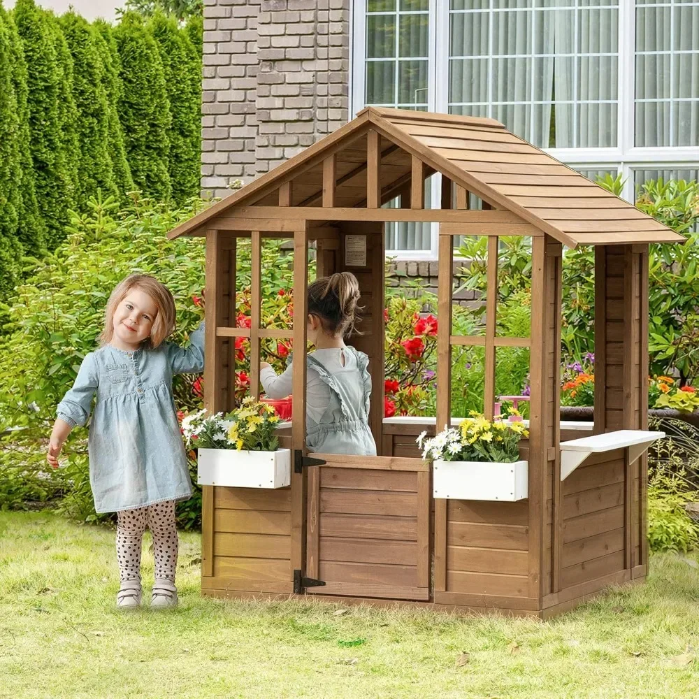 

Kids Wooden Playhouse, Outdoor Garden Games Cottage, with Working Door, Windows, Flowers Pot Holder, 47 L x 38 W x 54 H inches