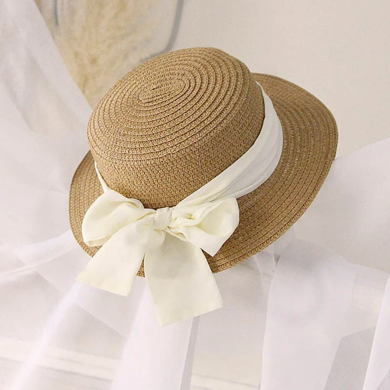 Fashion Bow Kids Straw Sun Hats Kids Girls Summer Beach Hats 50-52-54cm Children Flat Visor Caps Sun Protection