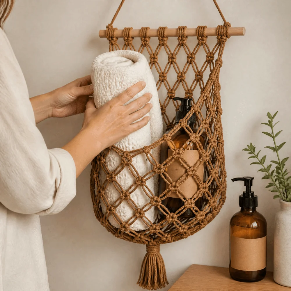 Handmade Woven Fruit Storage Basket Tassel Design Hanging Hammock Style Vegetable Container Wall Mounted Four Season Use
