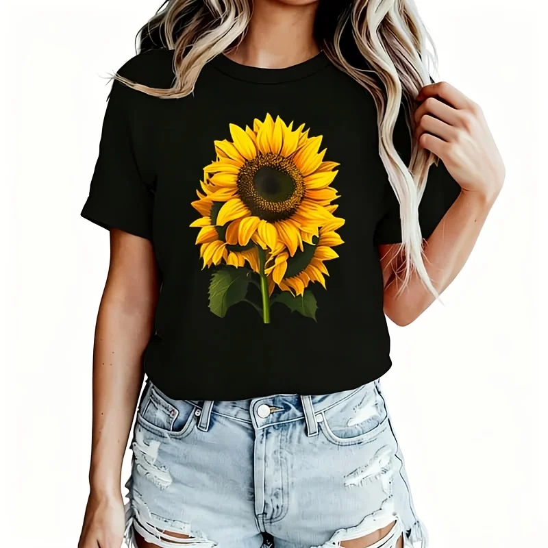 Yellow Sunflower Floral Watercolor Positivity Women's T-Shirt 100% Cotton Funny Graphic Short Sleeve Tee Novelty Shirt Casual Crew Neck Top S-5XL