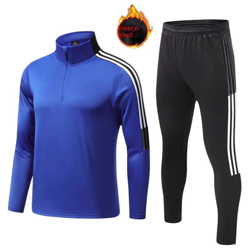 Autumn And Winter Men\'s Fleece-Lined Thickened Long-Sleeved Football Suit Set Finger Half-Zipper Competition Sports Team Clothes
