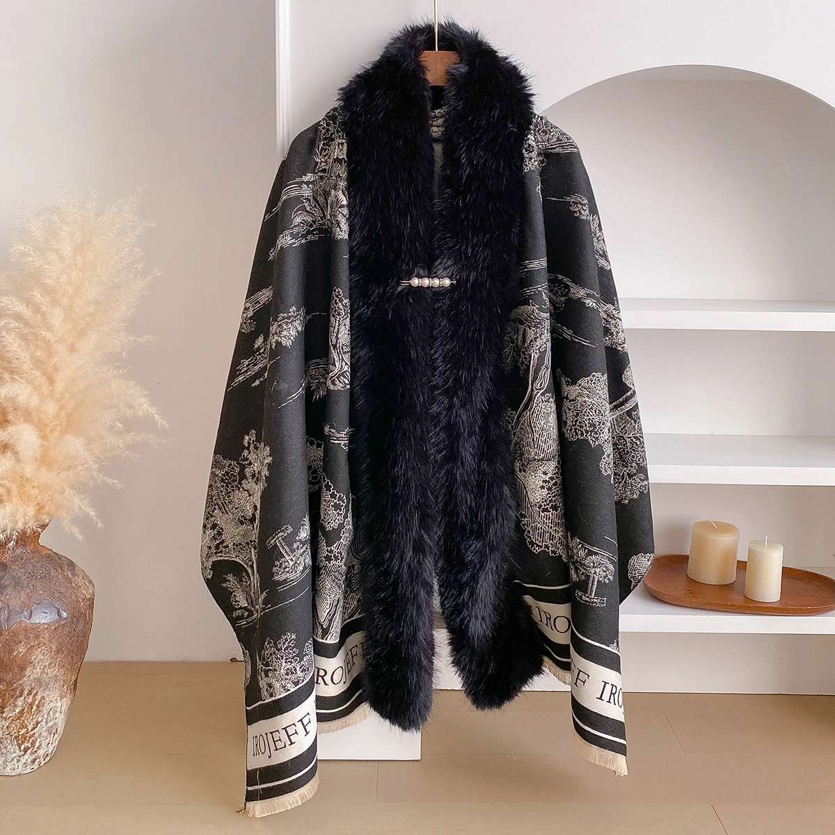

Элегантная накидка из искусственного меха с вышивкой, женская зимняя вязаная жаккардовая шаль, пальто, праздничное платье, накидка, утепленный флис