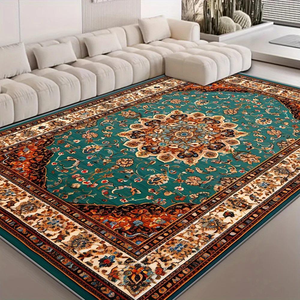VIKAMA Teal‑Green Classic Persian Area Rug Luxurious Central Medallion Floral Multi‑layer Border Design Non‑slip Large Floor Rug