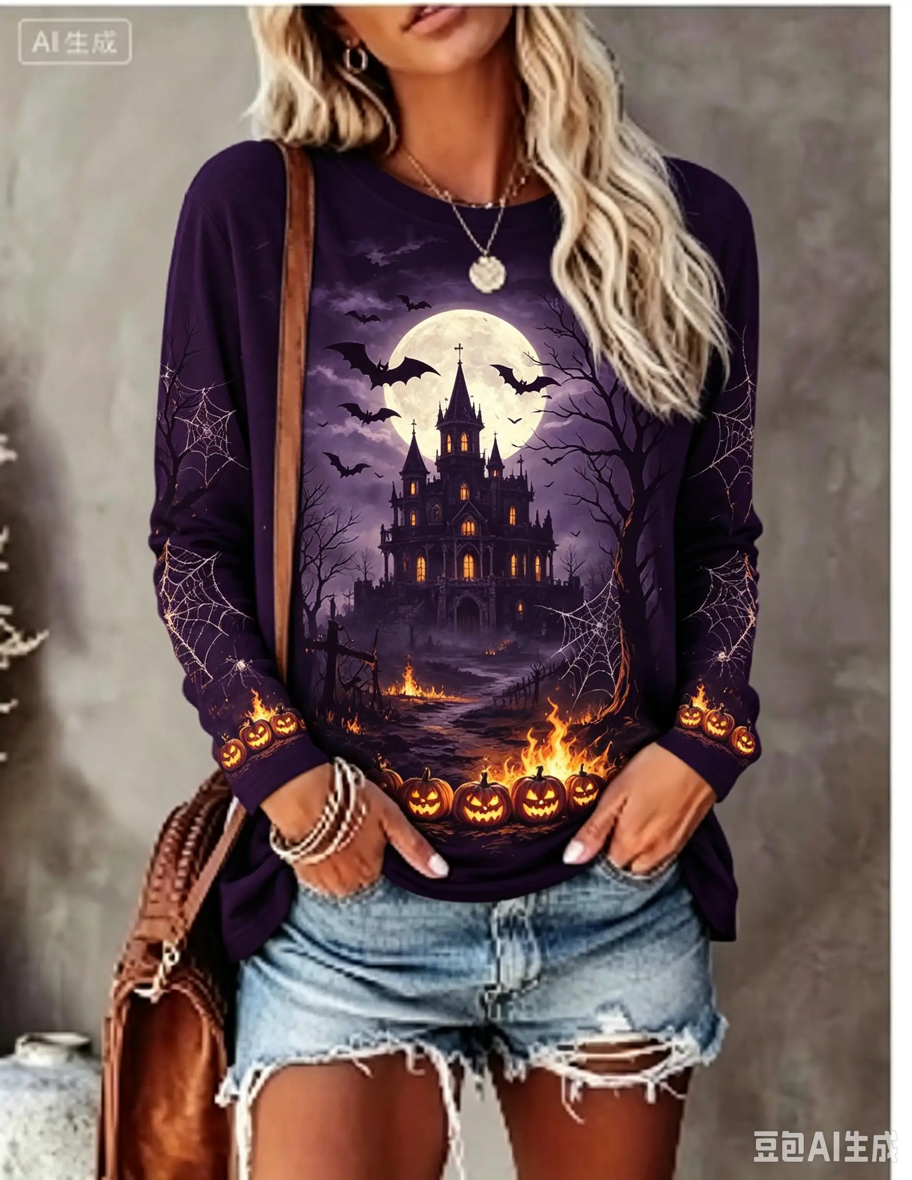 Women Halloween Long Sleeve T‑Shirt Pumpkin Skull Spider Web Lightning Print Crew Neck Casual Fall Tops
