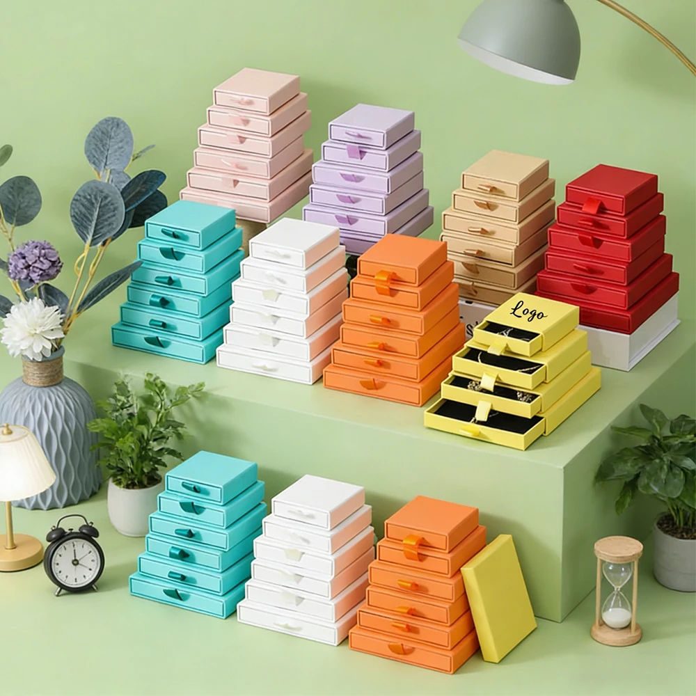 

24Pcs Cardboard Jewelry Packaging Box 8x8x2.5cm Ring Necklace Bracelet Pendant Storage Case Custom Logo Drawer Sliding Boxes