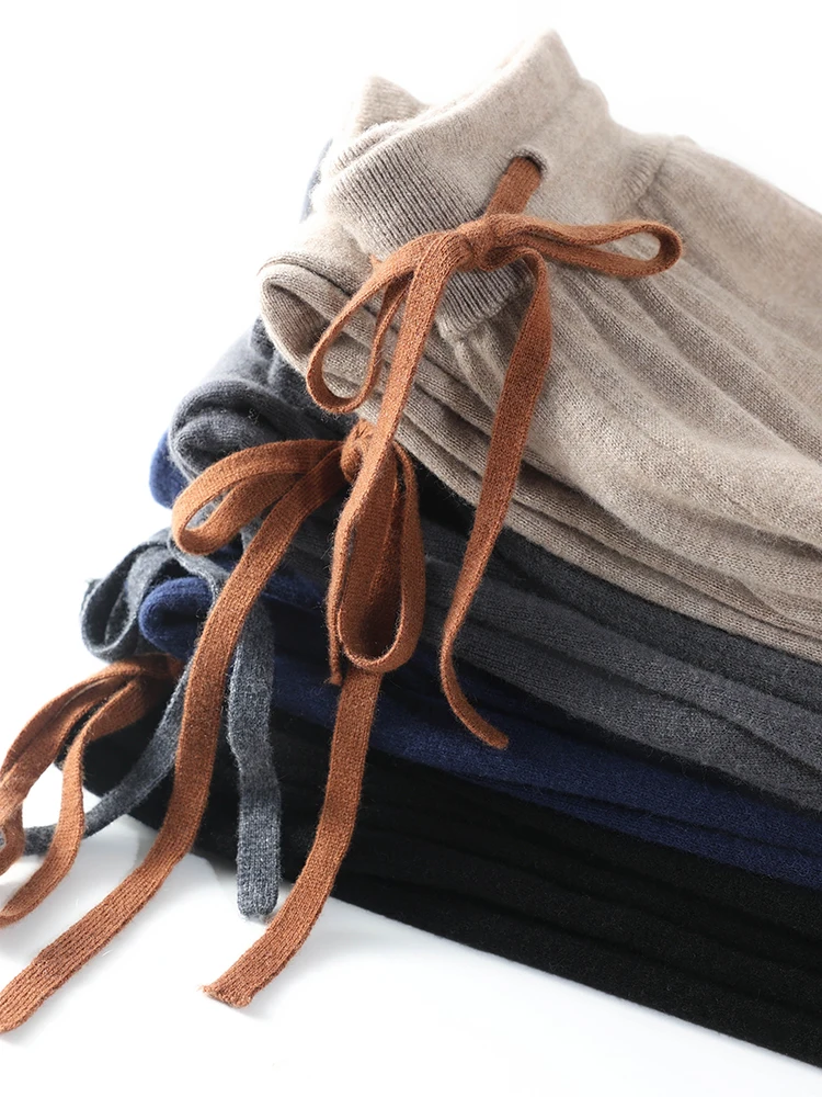 100% Cashmere Straight Pants Men Elastic Waist Drawstring Trousers Autumn Winter Regular Knitted Pockets Soft Basic Casual Pants