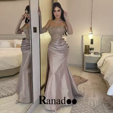 Ranadoo Attractive Satin Evening Dress Mermaid Rhinestones Pleat Strapless Formal Guest Party Vestidos De Noche Customized