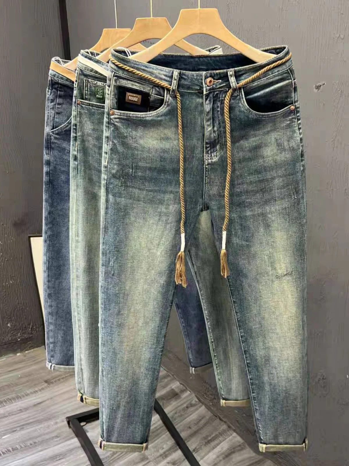 

Высококачественные облегающие винтажные джинсовые джинсы с завышенной талией, мужские летние тонкие брюки Haome с простым талией, девять предметов, молодежная повседневная одежда