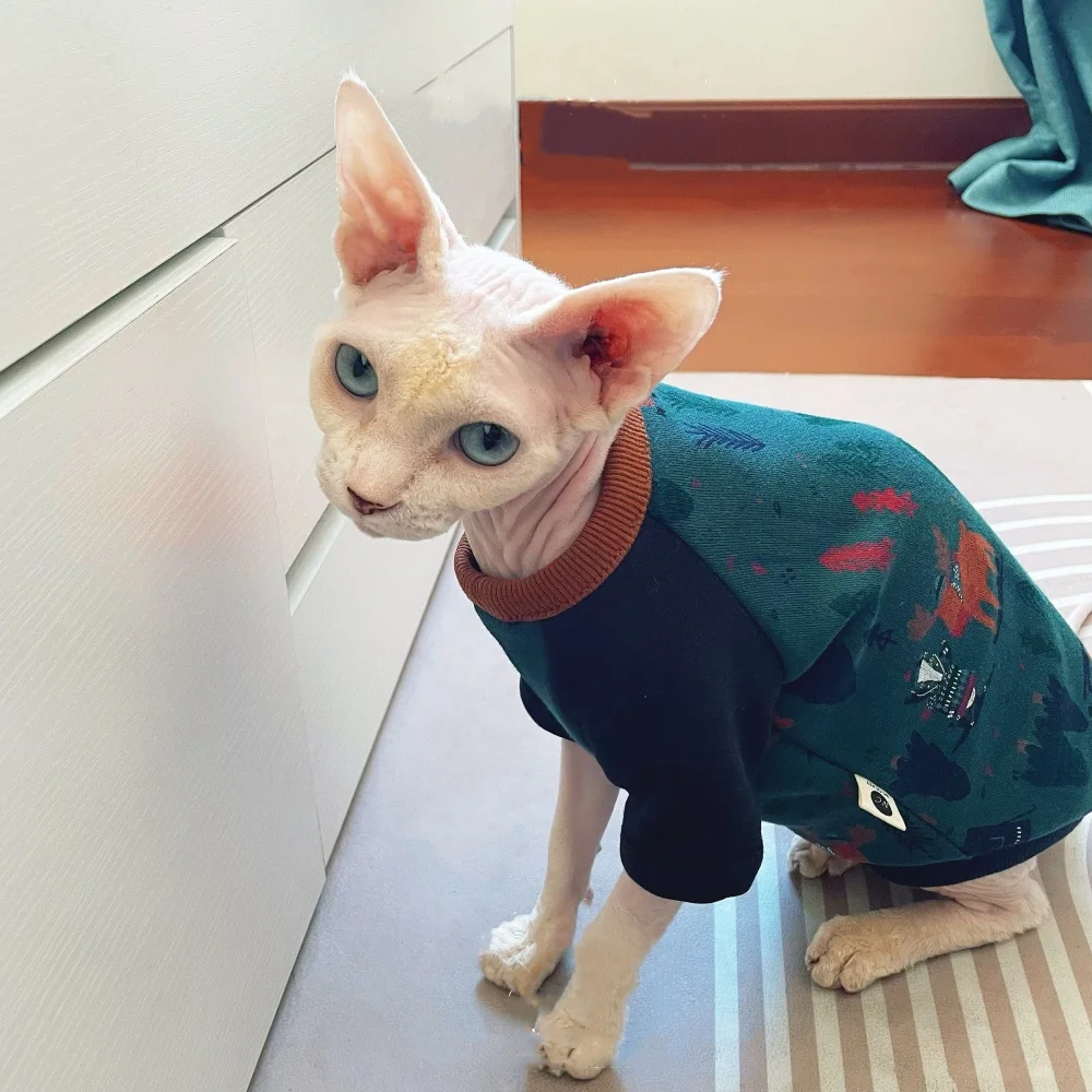 Christmas Sweatshirt for Sphinx Cat in Autumn Winter Long Sleeves Cartoon Coat for Hairless Cat Green Jumpsuit for Devon Dogs