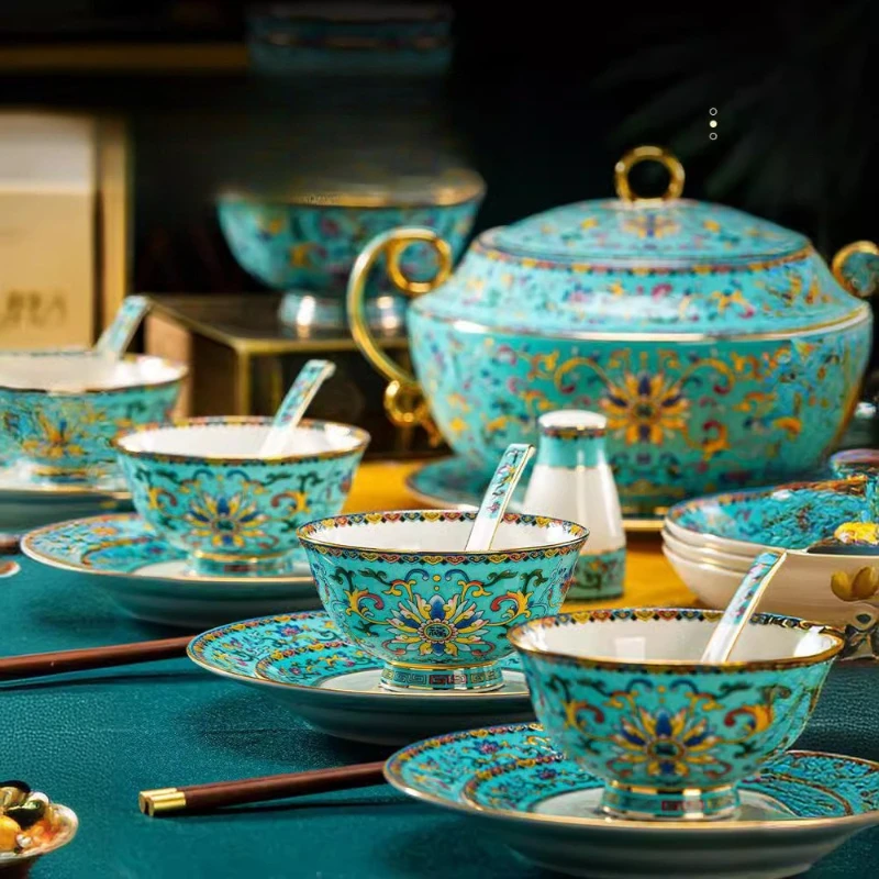 2024 Dish Set Household Jingdezhen Chinese Enamel Color Bone China Tableware High-end Household Side Bowl