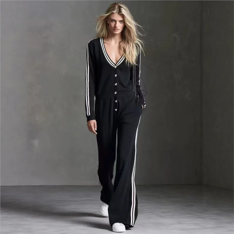 2026 Autumn Color Blocked Knitted Pants 2-Piece Set Casual V-Neck Striped Long Sleeve V-Neck Set Cardigan + Pants Matching Set