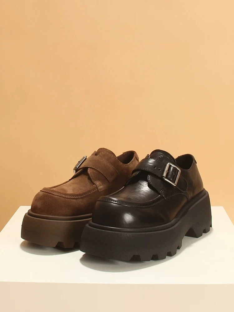 Pre‑Fall Trendy Thick‑Sole Monk Loafers Soft Genuine Leather Upper Buckle Design Non‑Slip Platform Women Shoes