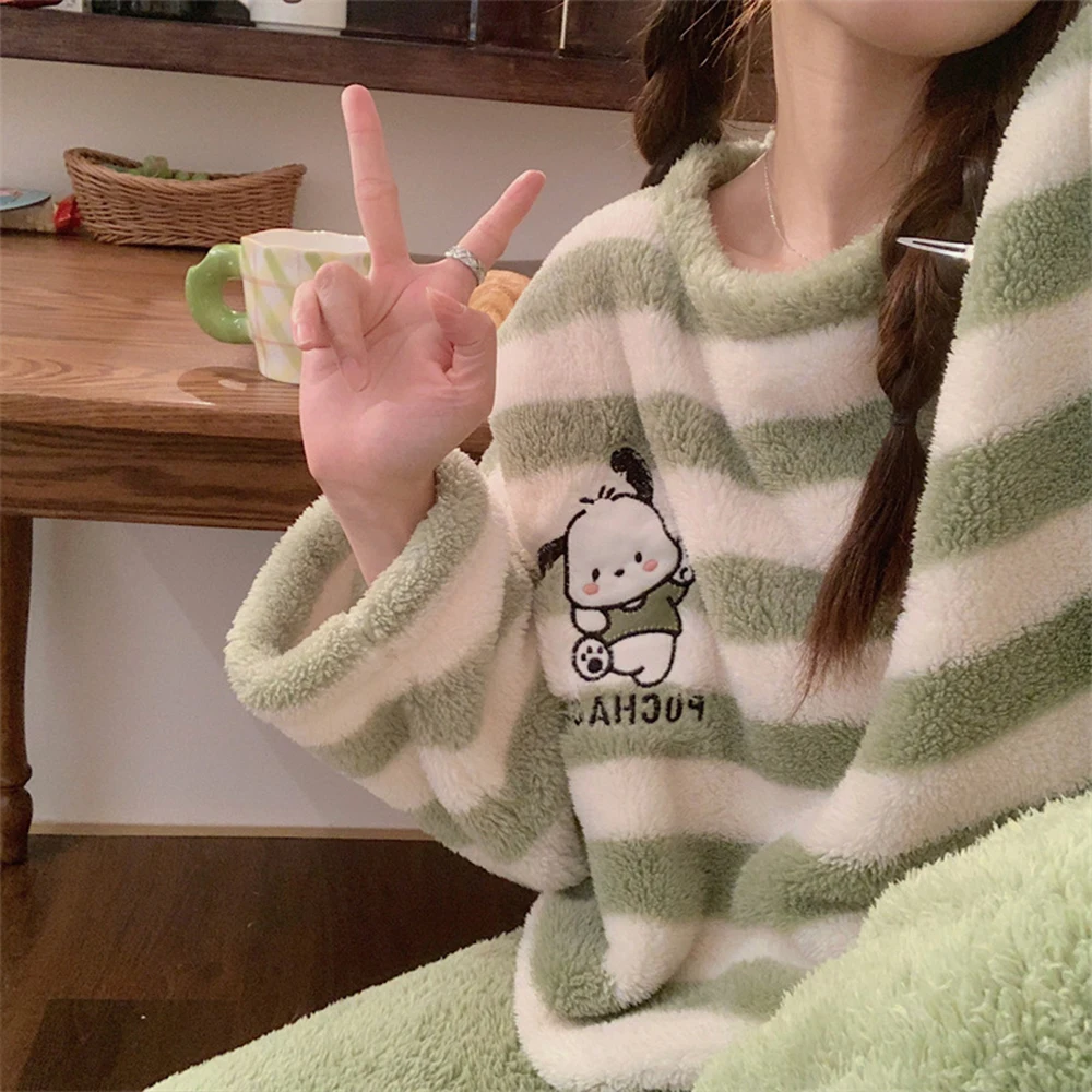 Kawaii Pochacco O-Collar Plush Pajamas Set Sanrioed Cartoon Anime Spring Women Coral Fleece Homewear Cute Girl Student Warm Soft