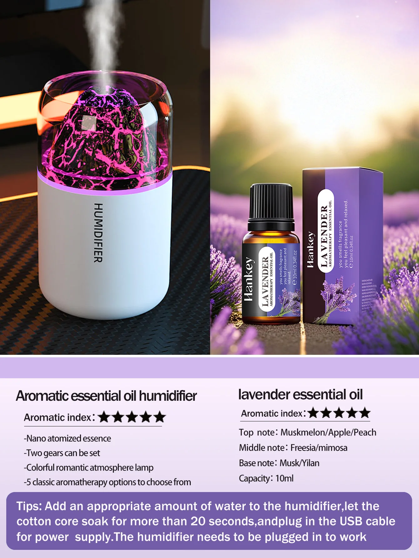 Der USB-Aromatherapie-Diffusor mit simulierten vulkanischen Farblampen ist für den Einsatz in Autos, Häusern, Schlafzimmern und als Geschenk geeignet.