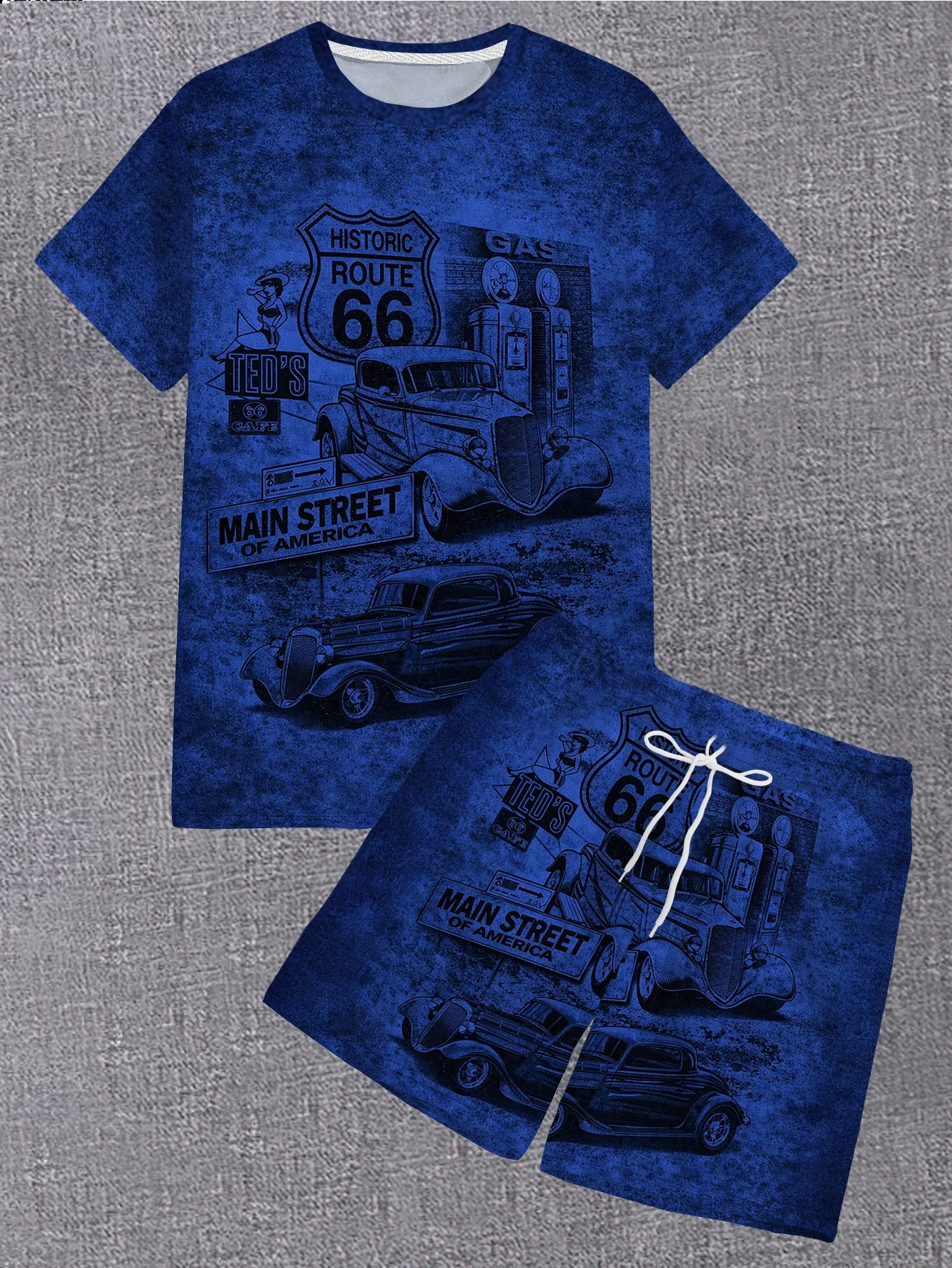 

2026 Summer New Men Blue Route 66 Vintage Car Print Casual Shorts Y2K Oversized Casual Suit Suitable for Daily and Training Wear