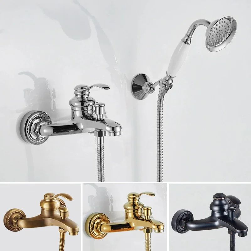 Antique Bronze Bathroom Shower Faucet Set Brass Gold Bathroom Rainfall Shower Faucet Wall Mounted Bath and Shower Faucet Set