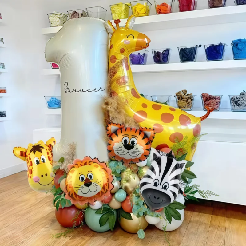 

44 шт. фольгированных шаров с мультяшными животными в стиле джунглей и сафари (лев, зебра, слон, жираф) для украшения детского дня рождения