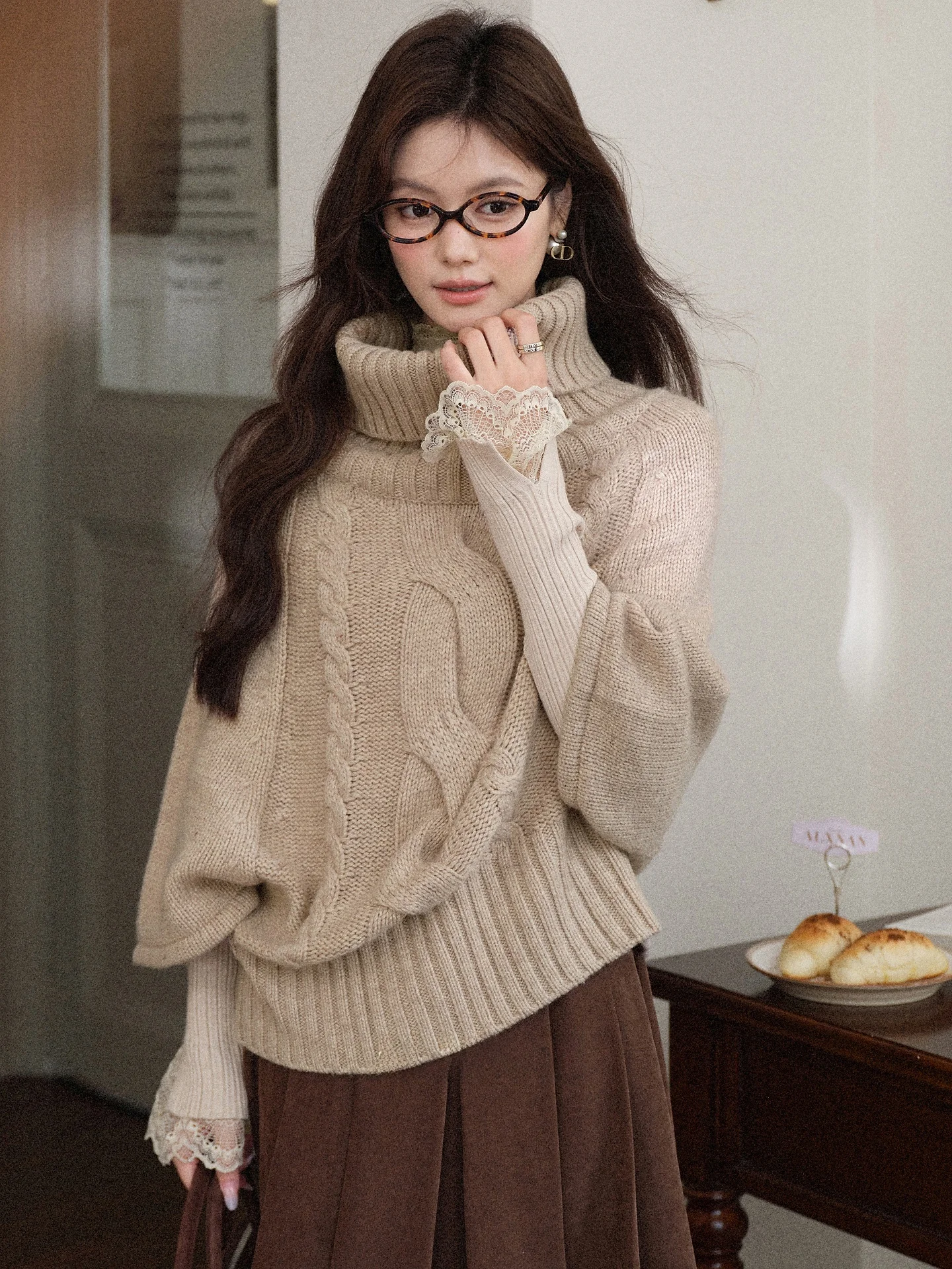 

Loose Knitted High Collar Khaki Sweater Women's Outerwear Autumn Slimming Top Roxy Can Can Sle Casual Comfortable Faion