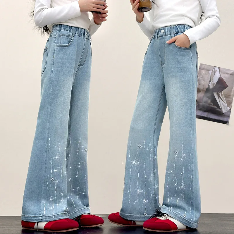 Kids Girls Vintage Bootcut Jeans Rhinestones Pentagram Design Elastic Waist Denim Pants Teens Child Fashion Flare Jeans Trousers