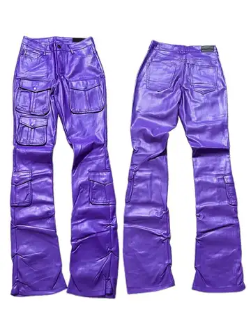 Mauroicardi primavera largo ajustado elástico suave púrpura Pu pantalones Cargo de cuero hombres muchos bolsillos ropa de diseñador de lujo ropa de calle