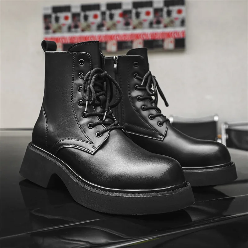 

Мужские модные ботинки на платформе в британском стиле, обувь из натуральной кожи на шнуровке, ковбойские высокие ботинки для сцены, ночного клуба, длинные мотоциклетные ботинки