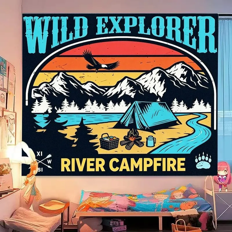 VIKAMA Wild Explorer River Campfire Tapestry Vintage Mountain Camping Graphic Wall Hanging Outdoor Decor, Home Decor