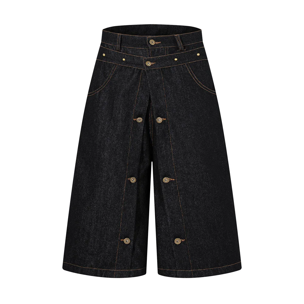MWJLPWQ Loose Wide Leg Denim Shorts Double Side Open Button Placket Stitch High Waist Men Deconstructed Street Bottoms 16795