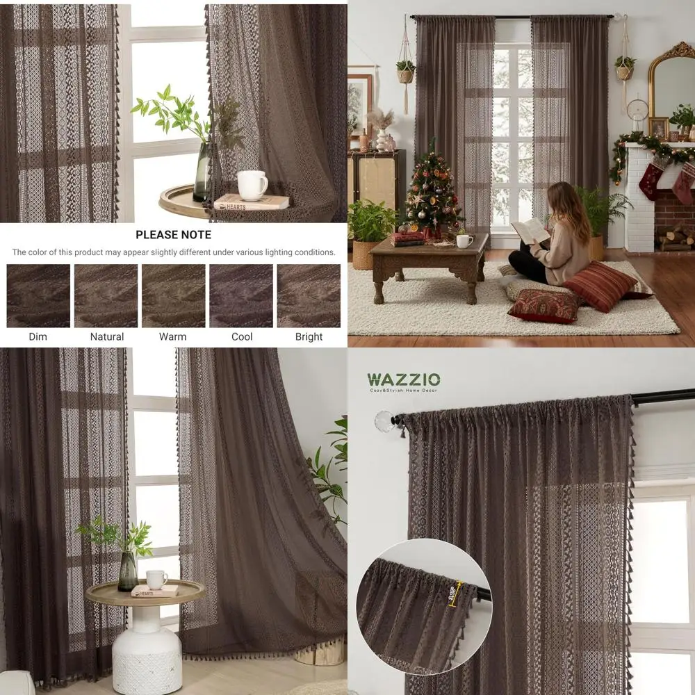 

Sheer Chocolate Brown Boho Curtains with Tassel and Crochet Lace, 84 Length, 2-Panel Set for Bedrooms and Living Rooms